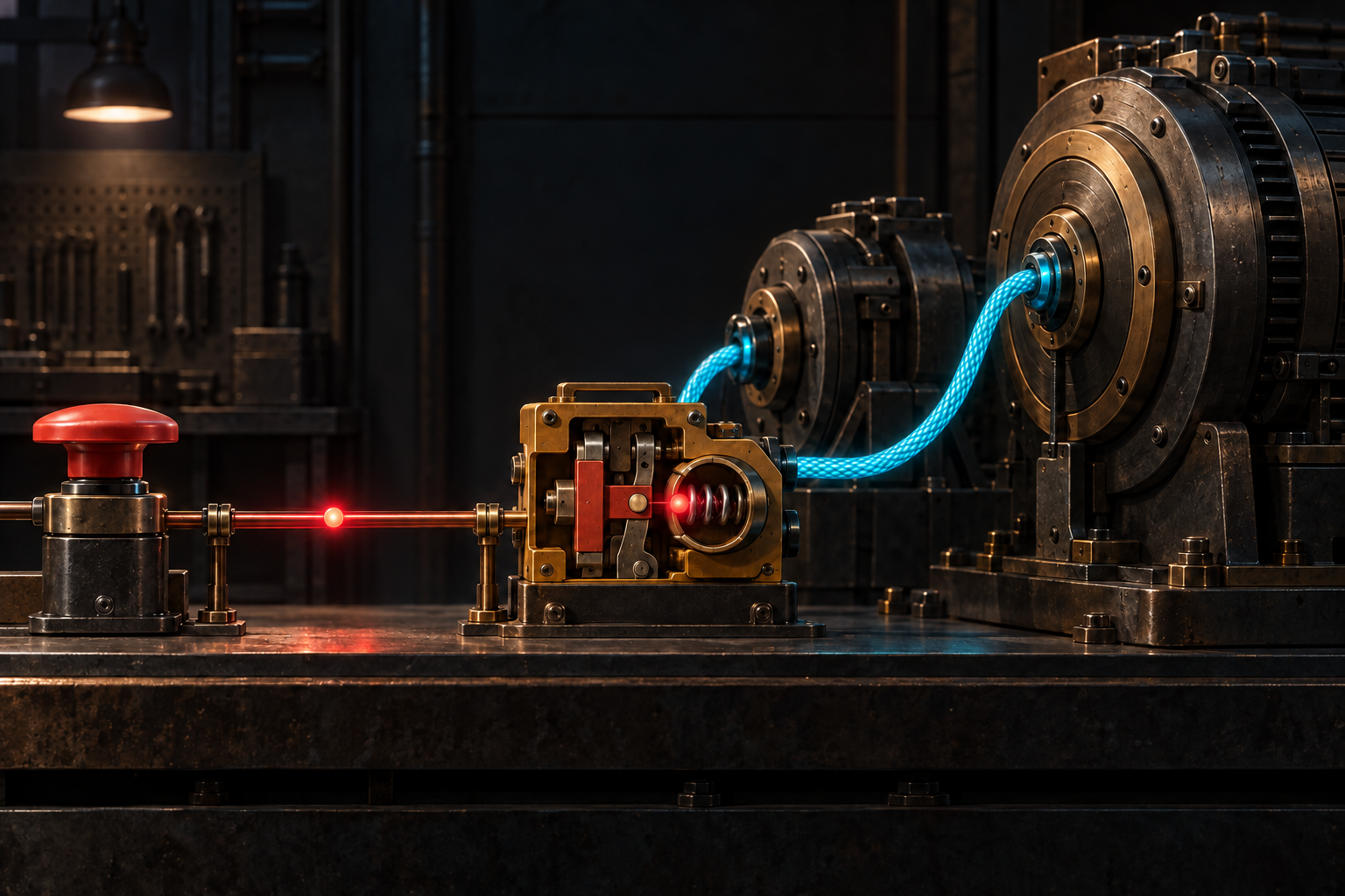A red Stop button sends one pulse along a copper rail while a second pulse rests in a spring buffer, and two cyan cables keep a small task module connected to larger parent and root modules.