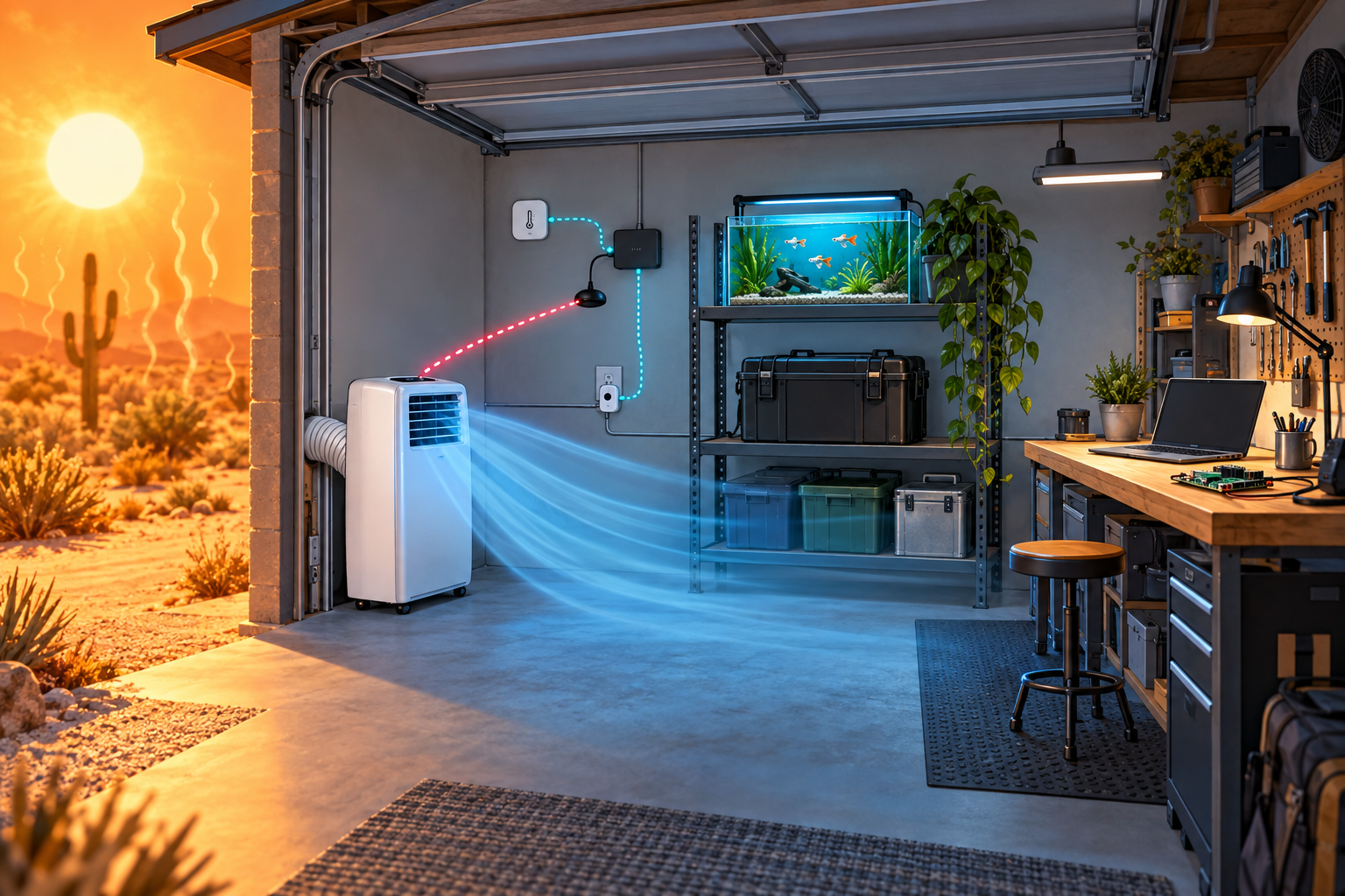 Cutaway illustration of a hot garage where a wall sensor and home-automation controller send infrared commands to a portable air conditioner, cooling an aquarium, a closed battery case, a laptop, and a small computer