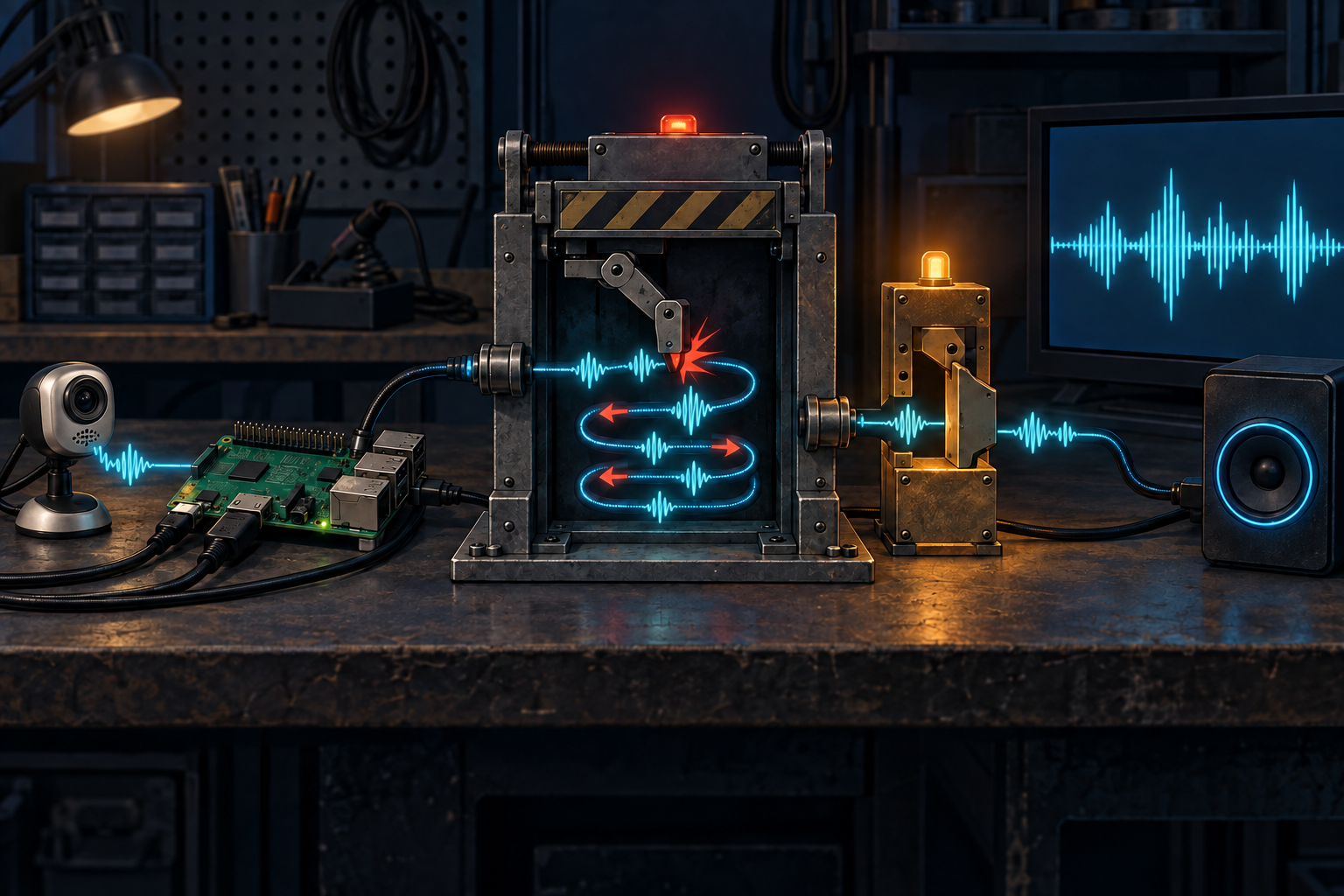 Conceptual electronics workbench where a webcam microphone feeds a cyan audio signal into a three-turn restart loop inside a startup gate, while a separate amber observer allows one clean path onward to a dashboard and speaker