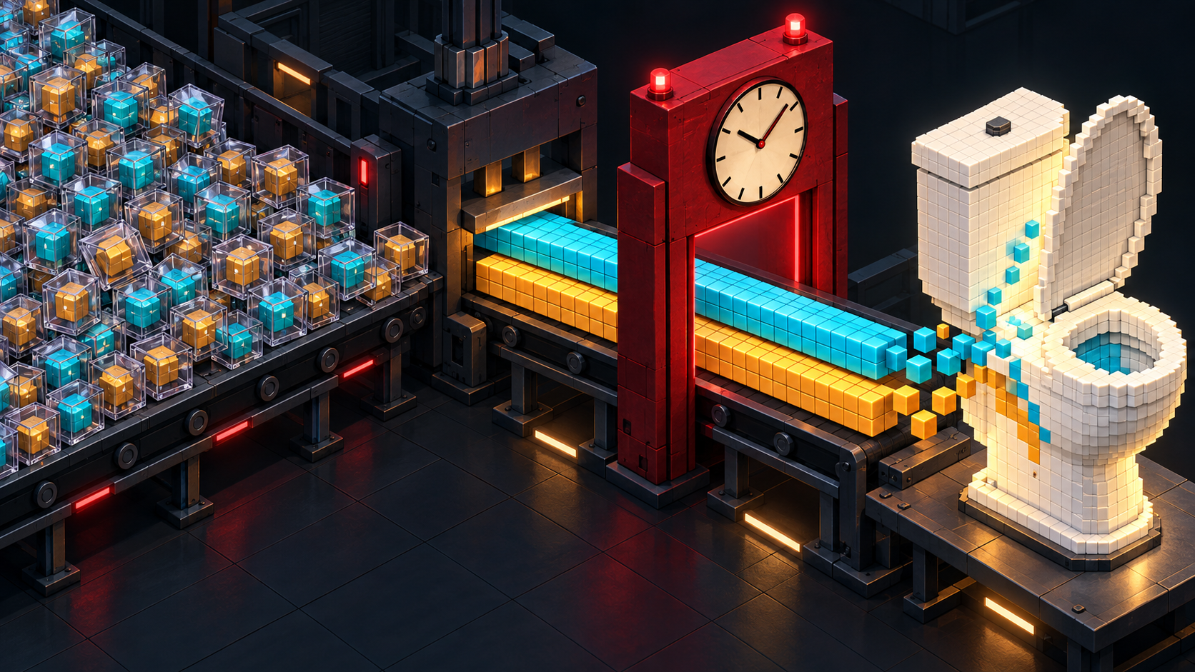 Individually boxed cyan and amber voxel cubes jam on a conveyor before a red clock gate, while compact horizontal bars pass through and assemble a white voxel toilet with its lid raised.