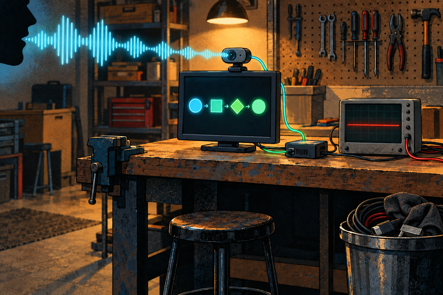Conceptual workshop scene with an old webcam feeding a live cyan voice path into a four-stage monitor while a separate diagnostic instrument shows a flat red trace
