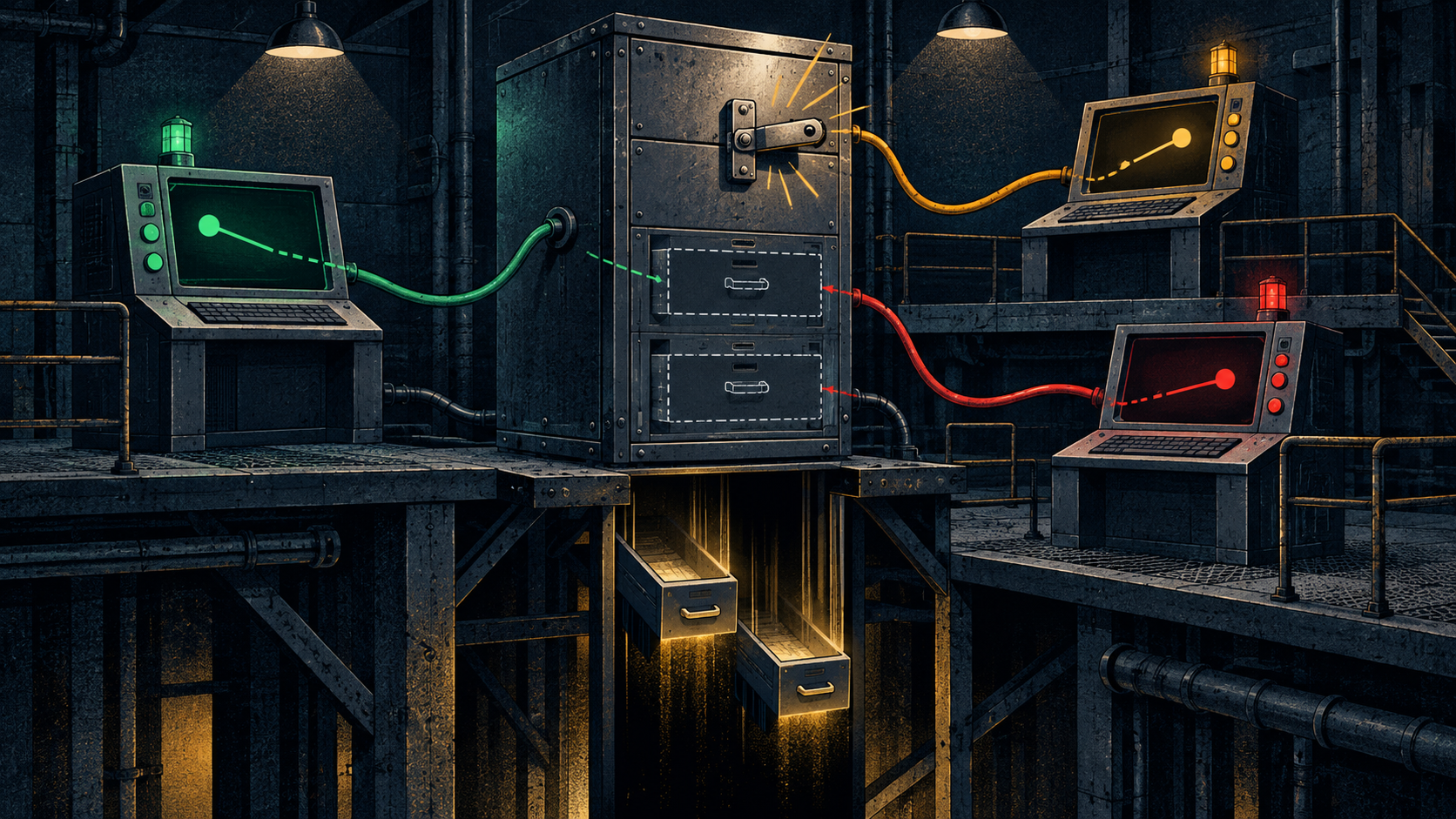 Three computer consoles remain cabled to a central database cabinet while two glowing drawers fall into an open shaft after a small handle snaps shut.